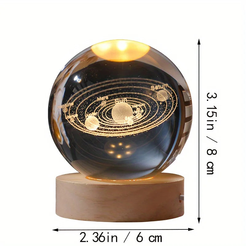 Esfera espacial 3D de luz 6cm- Bola De Cristal De Vidro Planeta LED Quente Luz Noturna, Gravado A Laser, Sistema Solar, Globo, Universo, Base De Madeira, Presente De Aniversário ideal.